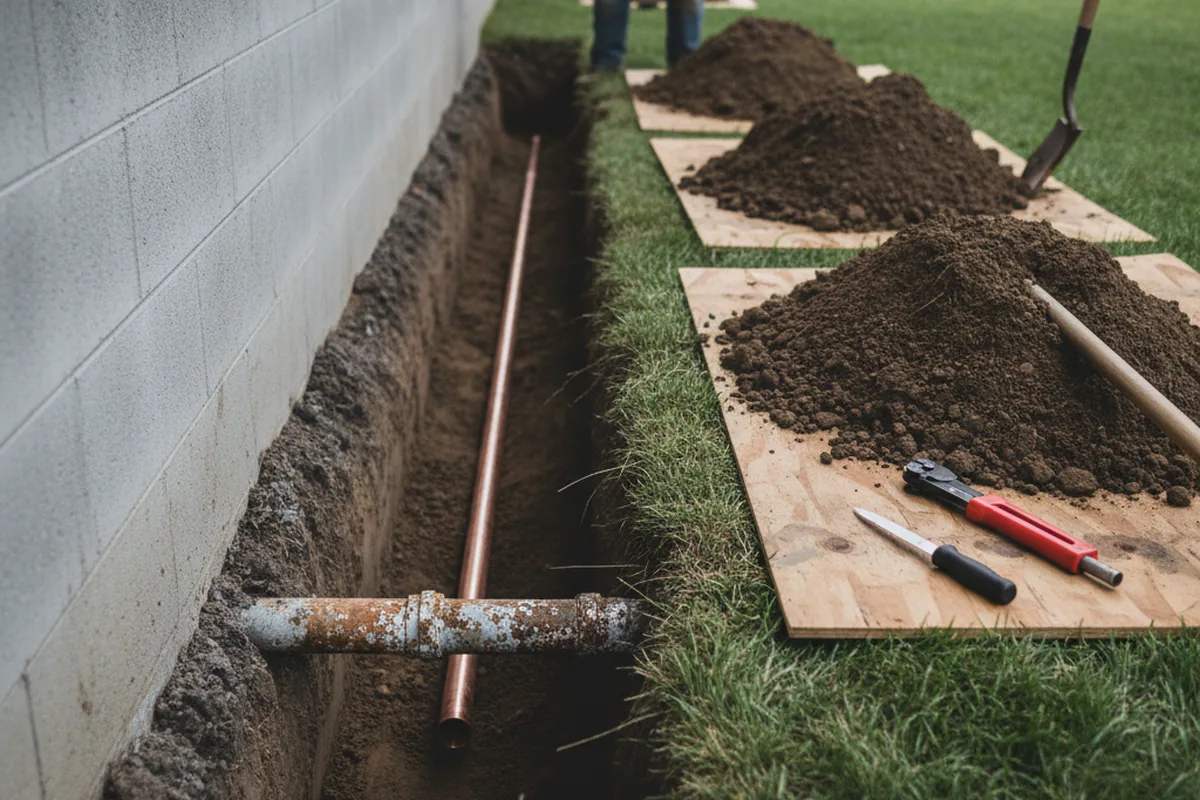 Excavated water line trench during Water Softener Installation in Burlington Flats